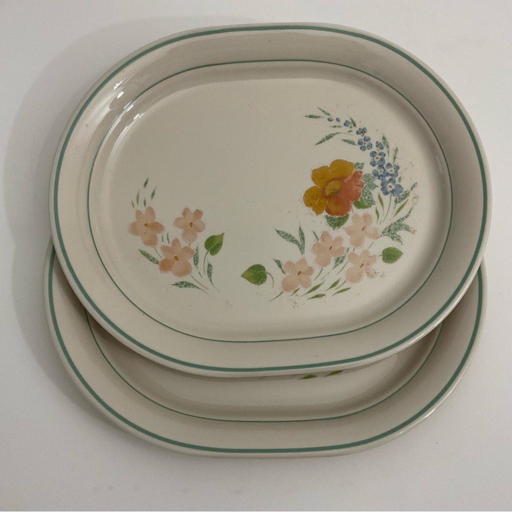 Corner Stone Corning Glendora Floral Oval Platter Ivory Peach and Blue set of 2